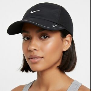 Nike Dri-FIT Featherlight 5-Panel Running Hat Mesh Black White Swoosh Adjustable